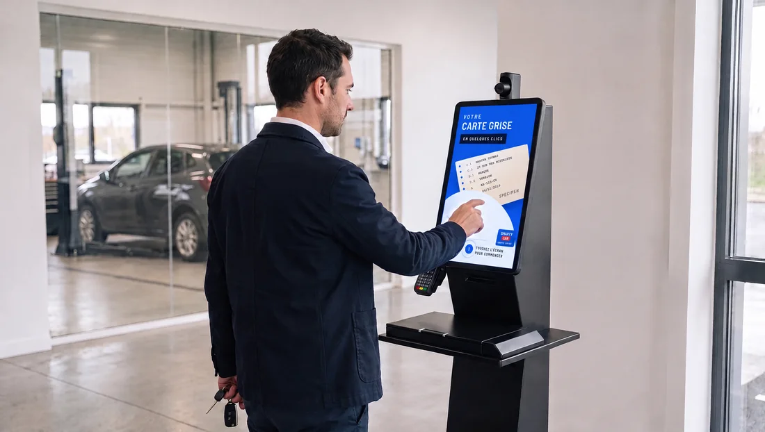 Un client fait sa carte grise sur une borne Smarty Car chez un partenaire