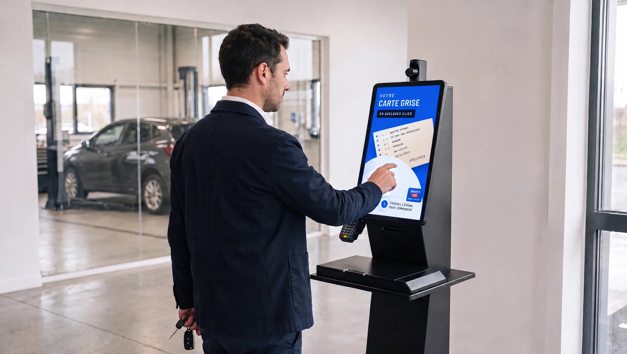 Un client démarre sa carte grise sur une borne Smarty Car