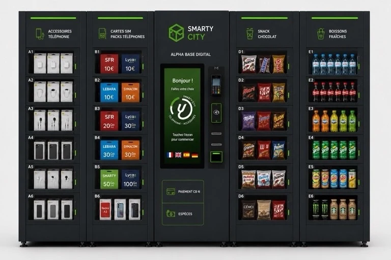 Distributeur Smarty : accessoires de téléphone, cartes SIM, snacks et boissons fraîches