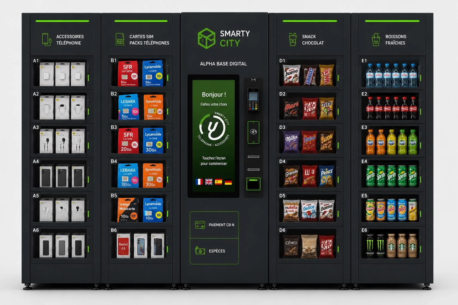 Guichet multi-services Smarty City : accessoires de téléphone, cartes SIM, snacks et boissons fraîches, paiement par carte ou en espèces