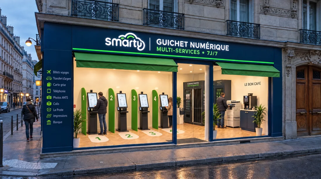 Boutique Smarty Retail en centre-ville, à la tombée de la nuit