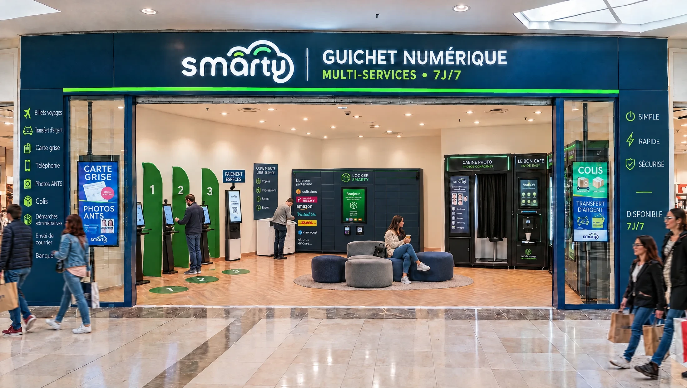 Une boutique Smarty Retail dans un centre commercial, avec ses bornes en libre-service et son automate d'accueil
